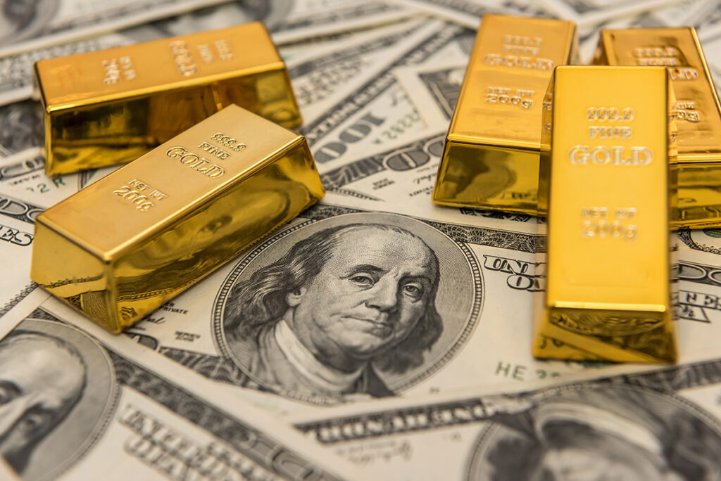 gold bars, usd money